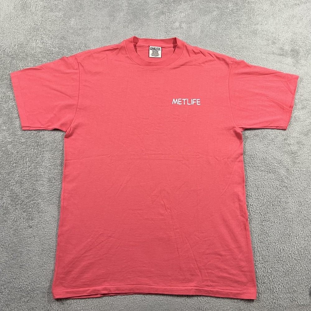 Vintage Oneita Shirt Mens Large MetLife Peanuts Snoopy Beach Olympics Tee Peach